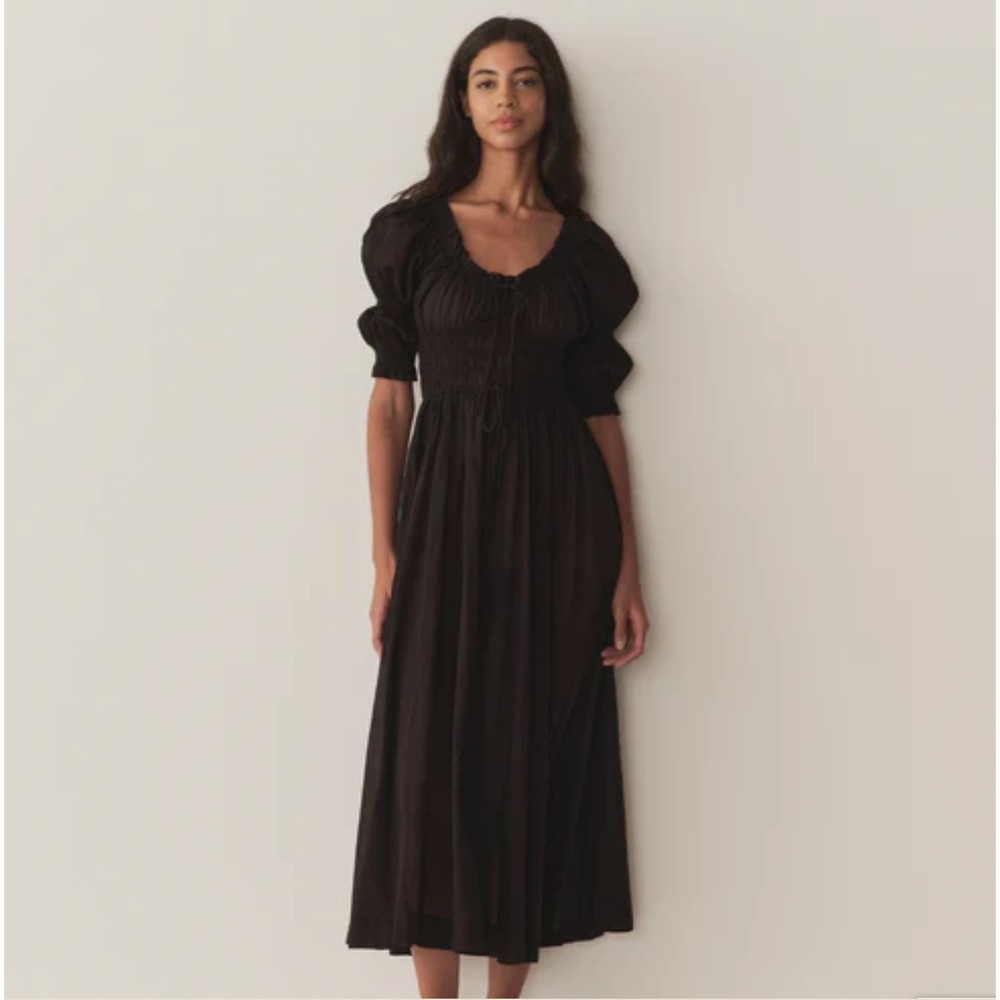 Doen Ischia Dress Black Organic Cotton Viscose Smocked Puff Sleeve Midi XL